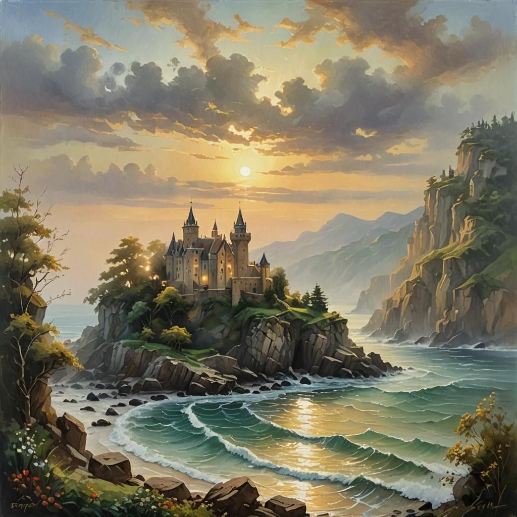 Majestic Castle by the Sea: Romantic Oil Painting