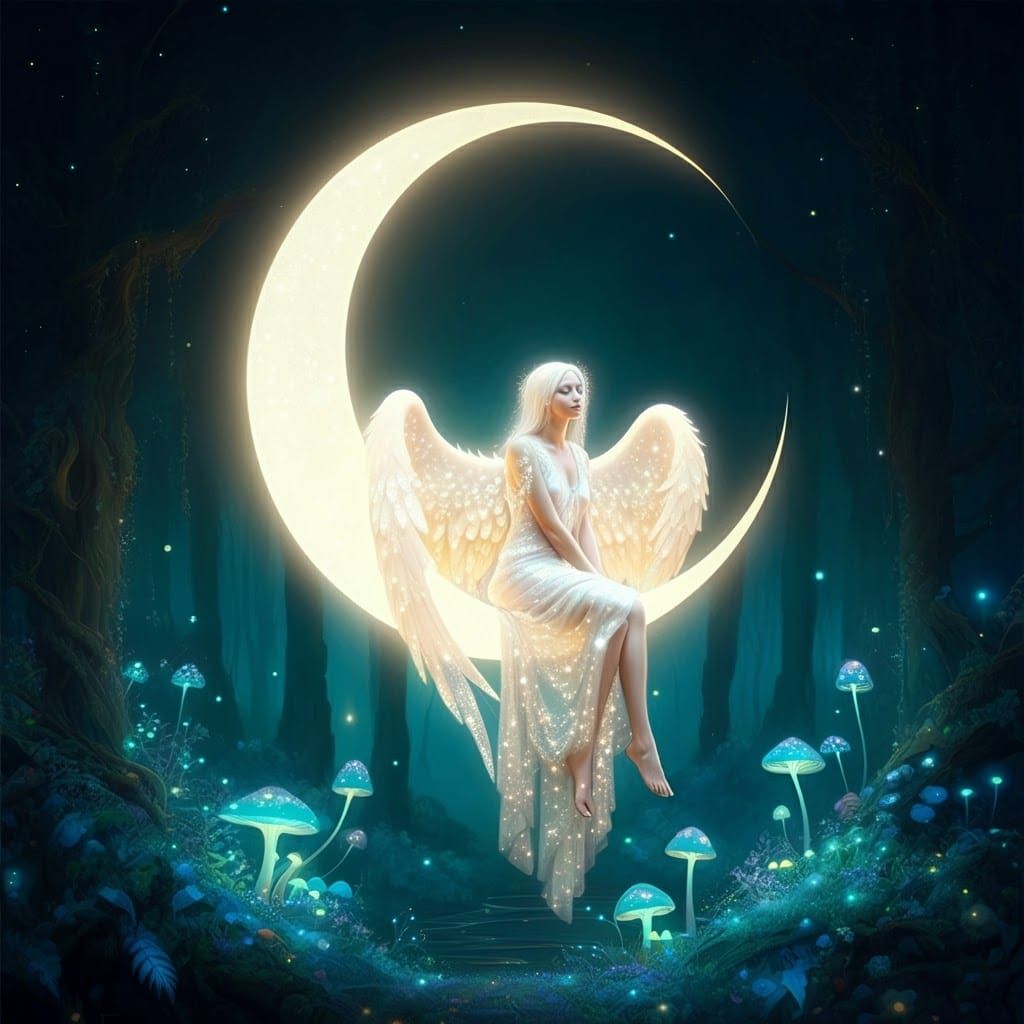 Luminous Angel on Crescent Moon in Starry Void