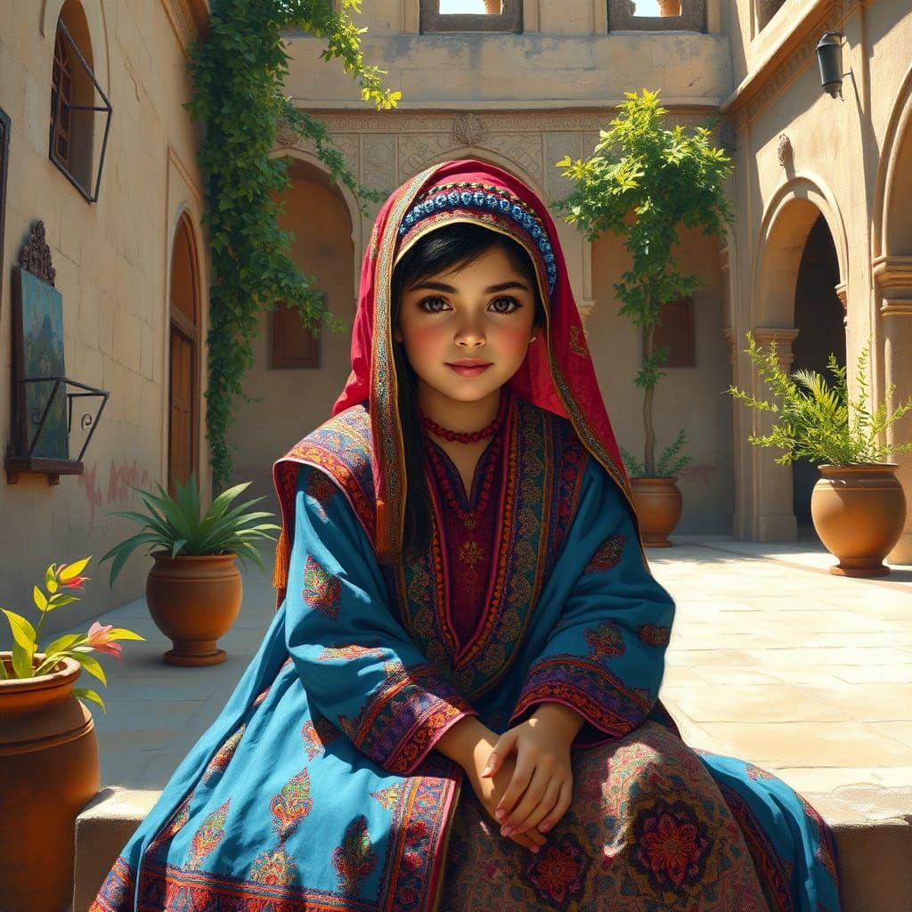 Pashtun Girl in Traditional Dress in Ornate Courtyard