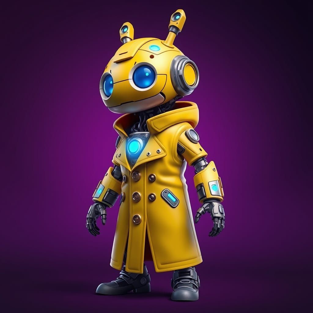 Robotic Hero in Vibrant Yellow Coat Against Purple Backgroun...