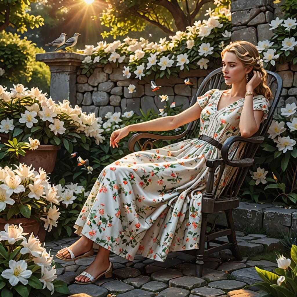 Woman in Summer Dress at Sunset Garden