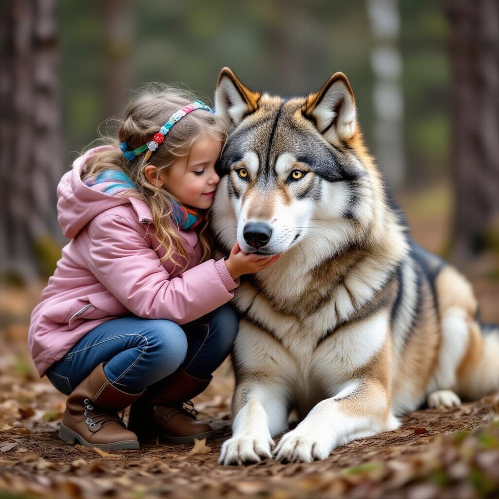 Girl Affectionately Pets a Wolf