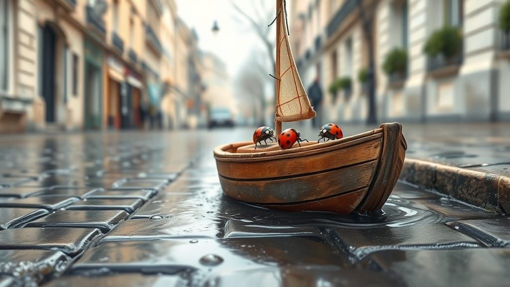 Whimsical Parisian Street Scene with Ladybugs