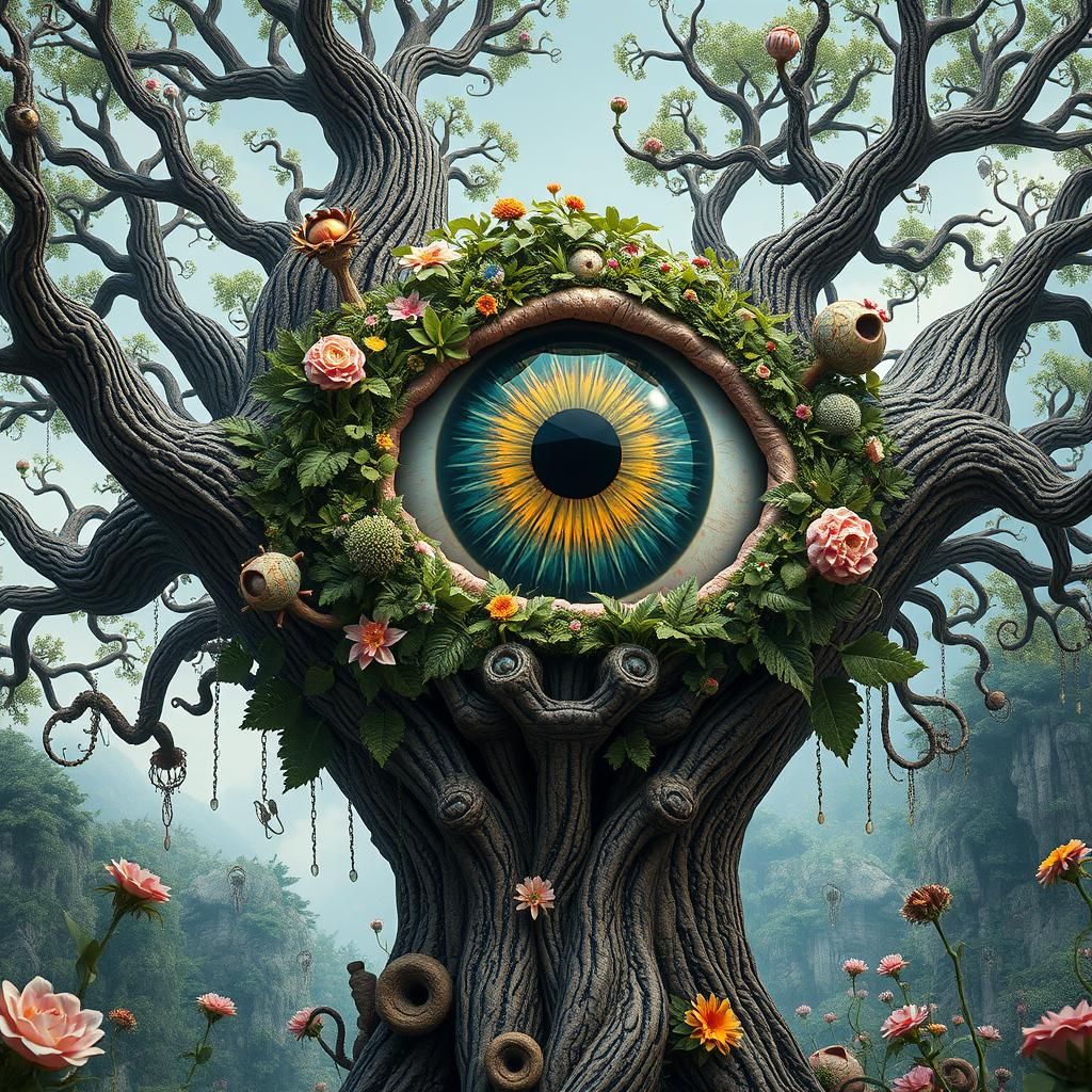 Surreal Eyeball Tree in a Whimsical Landscape