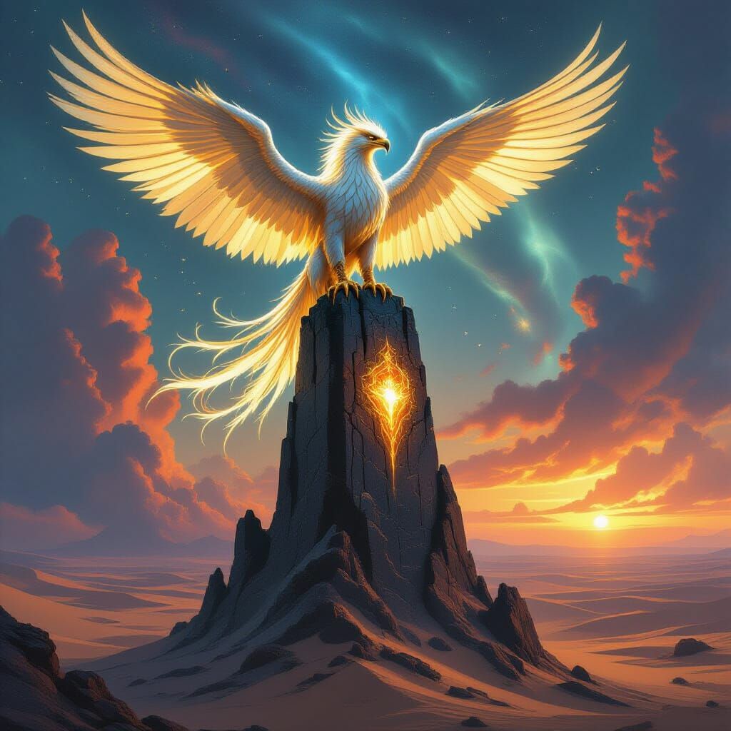 Ethereal Griffin on Obsidian Tower Above Alien Desert