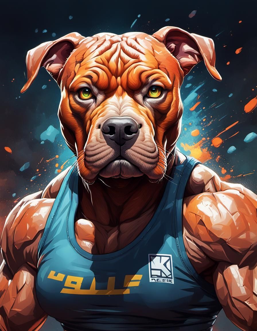 very muscular pit bull female humanoid weightlifter