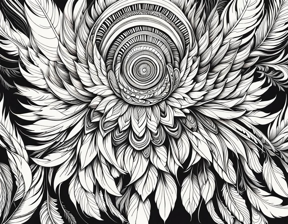 Elaborate Winged Headdress in Black Line Art