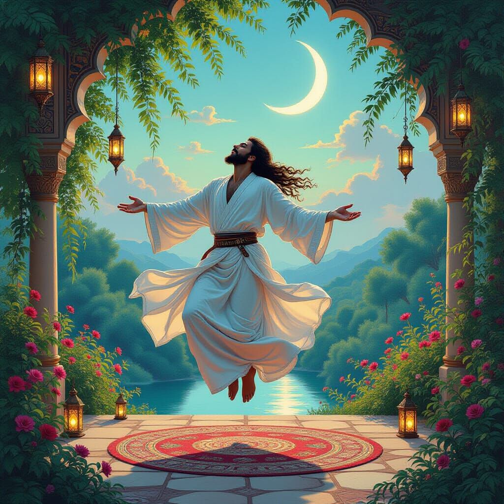 Sufi Mystic Levitation in Verdant Oasis