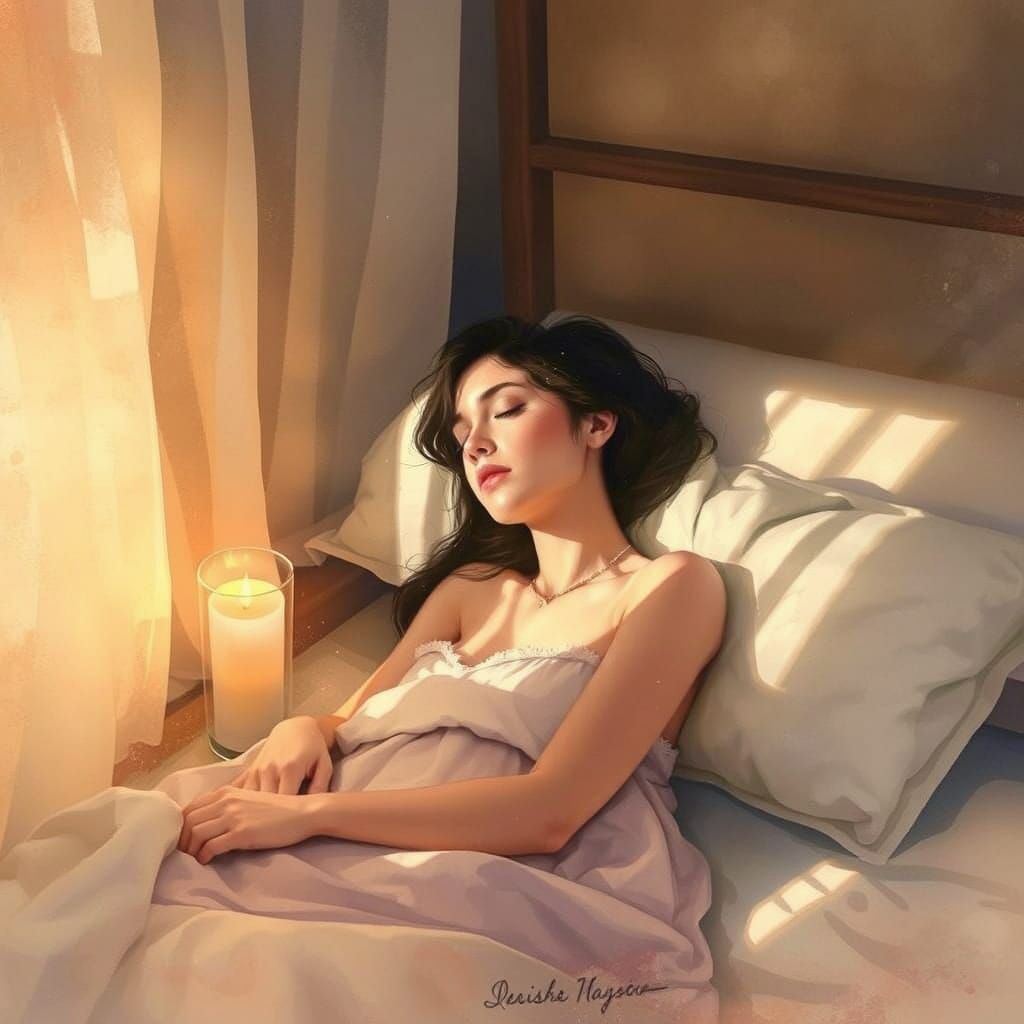 A Woman in a Cozy Watercolor Bedroom Scene