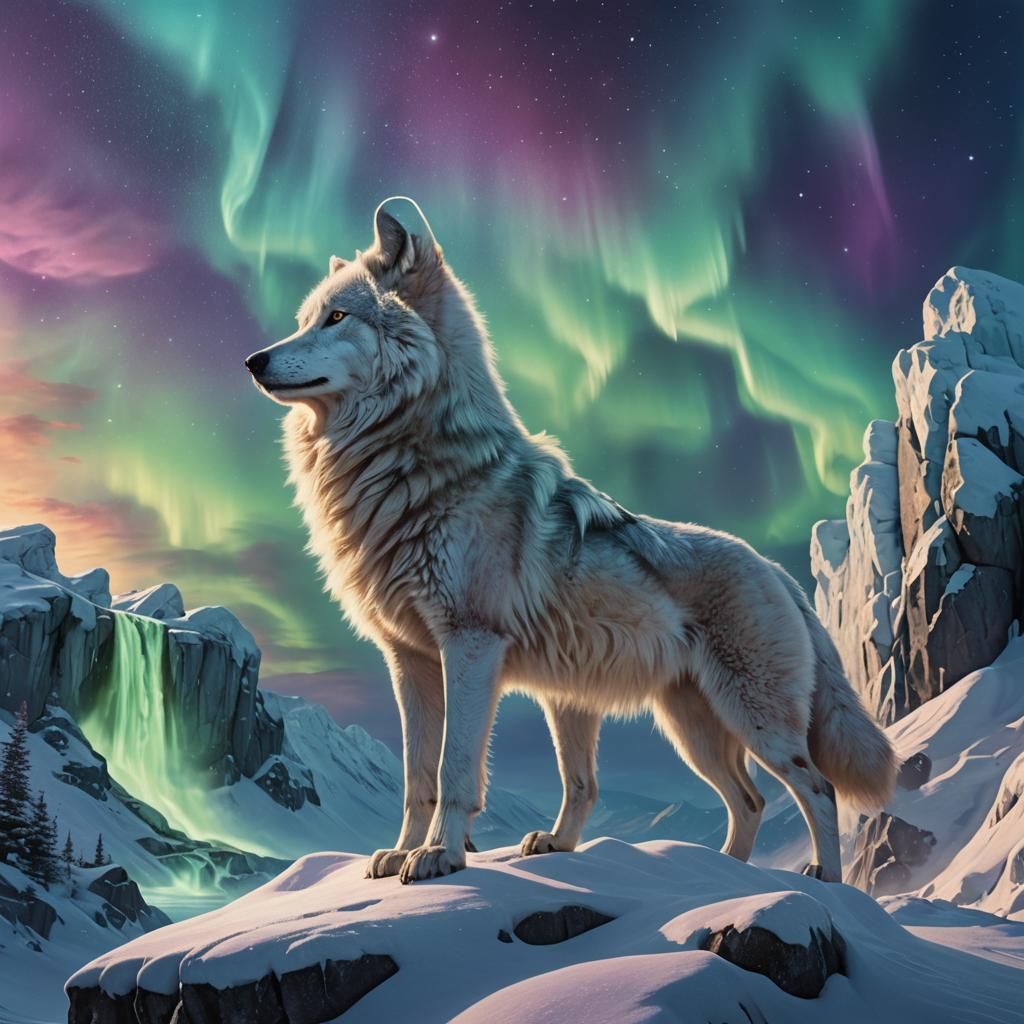 Arctic Wolf Howling at Aurora Borealis