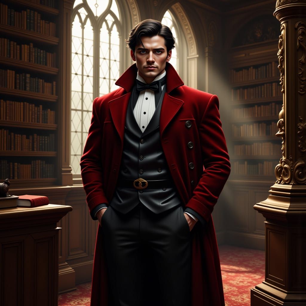 Gothic Gentleman in Castle Library, Syd Mead Style