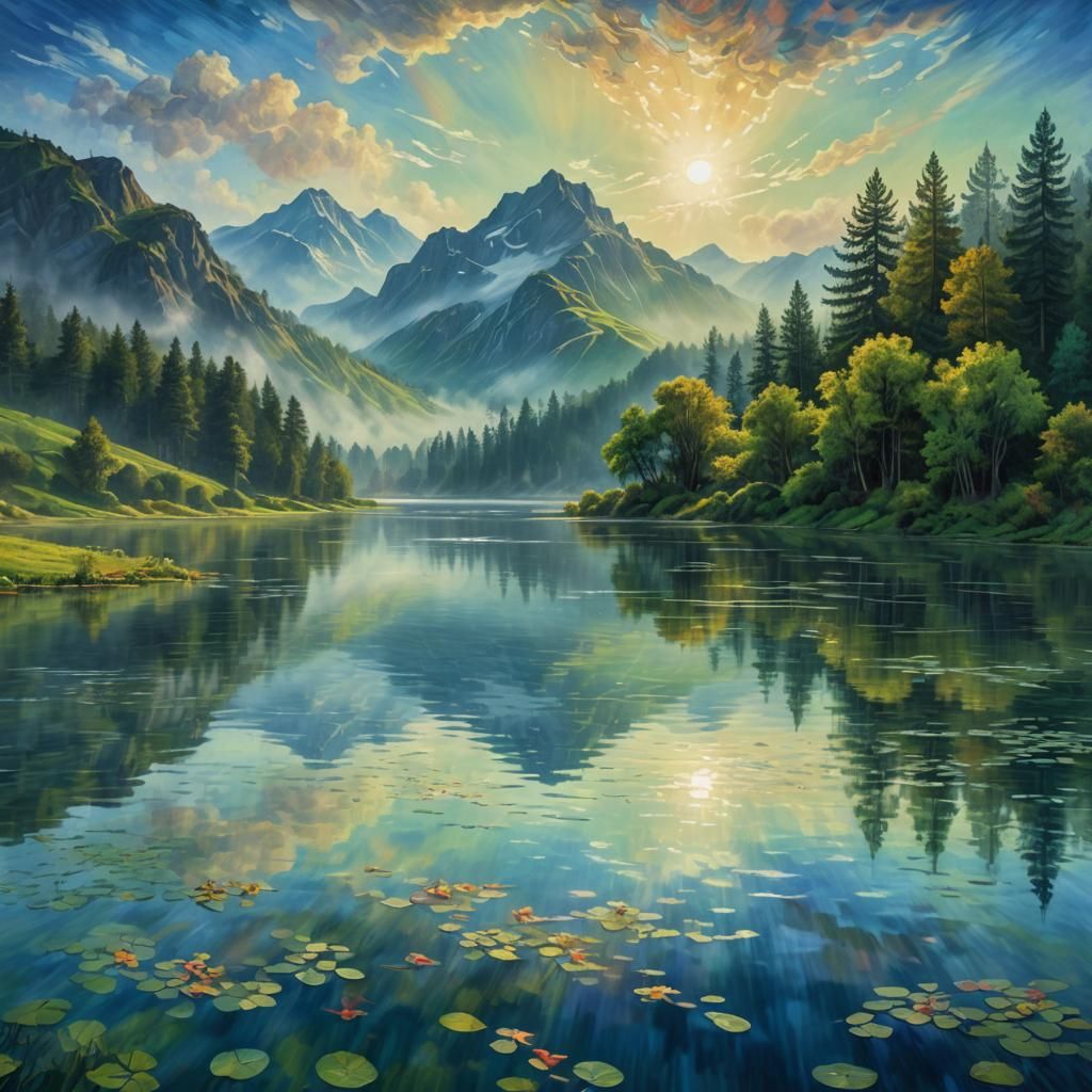 Lake Landscape Reflecting Mystical Art, Van Gogh Inspiration