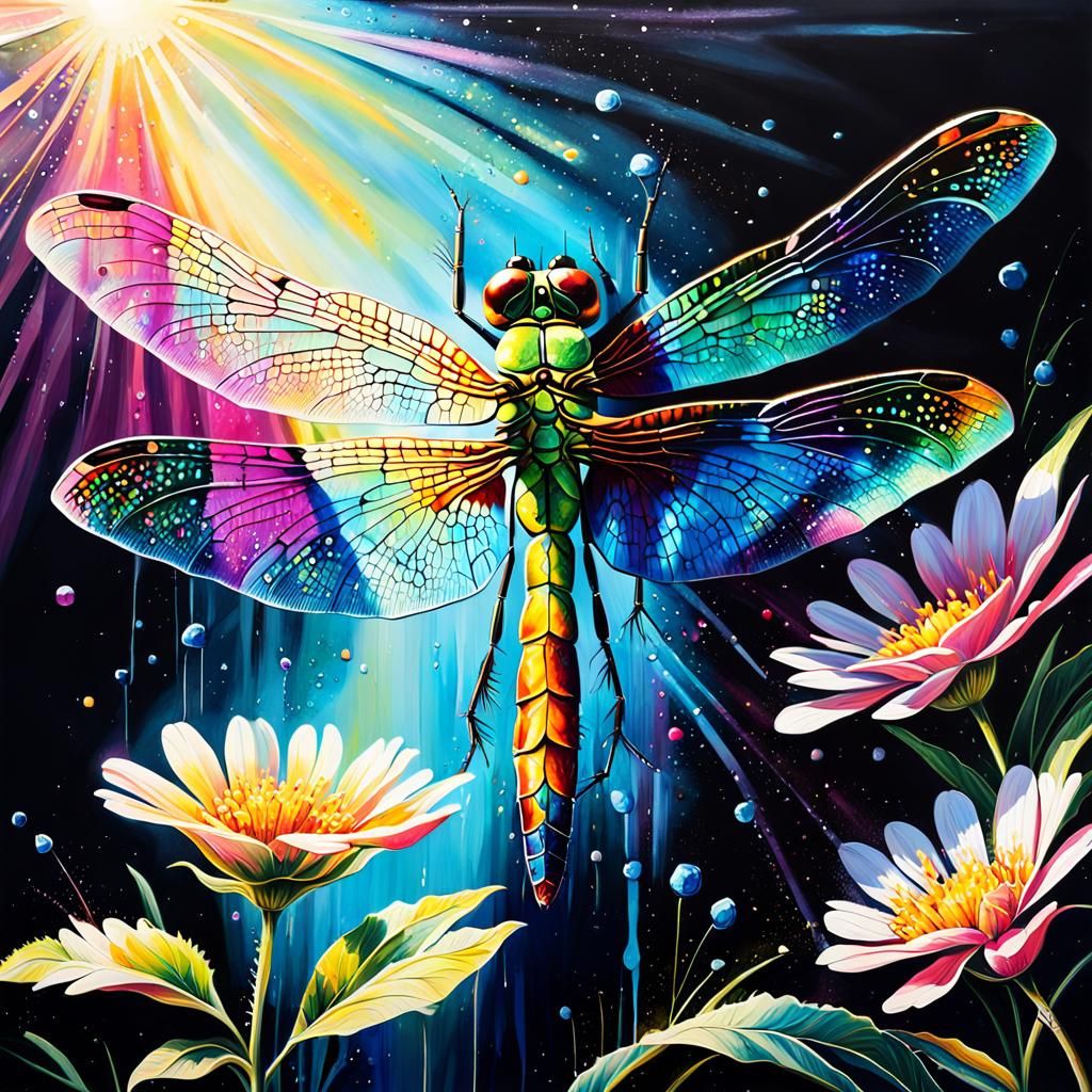 Hyperrealistic Dragonfly Street Art with Polychromatic Textu...
