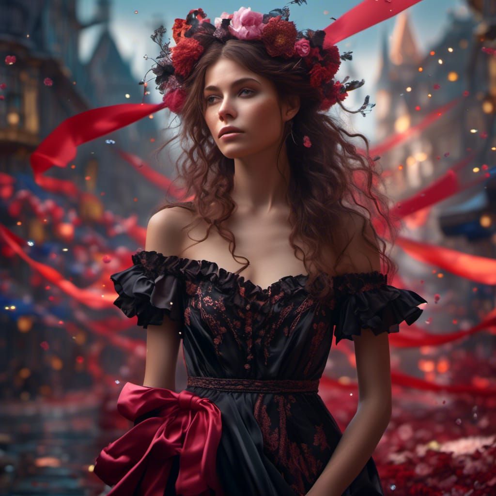 Woman in Ruby Satin Nightdress with Ruffles