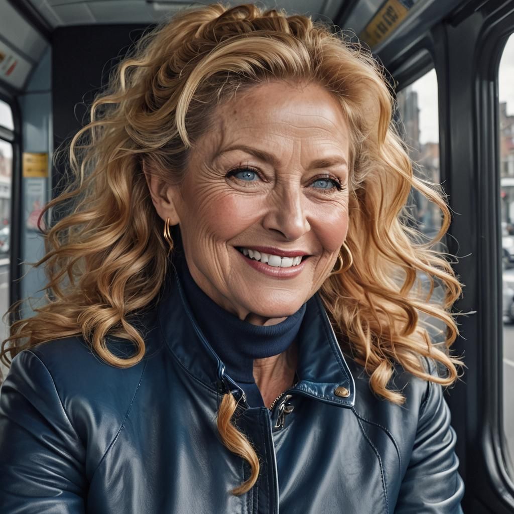 Elegant Woman with Electric Blue Eyes on Bus