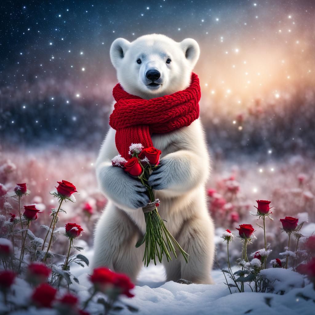 Dumbo Polar Bear with Roses in Starry Field