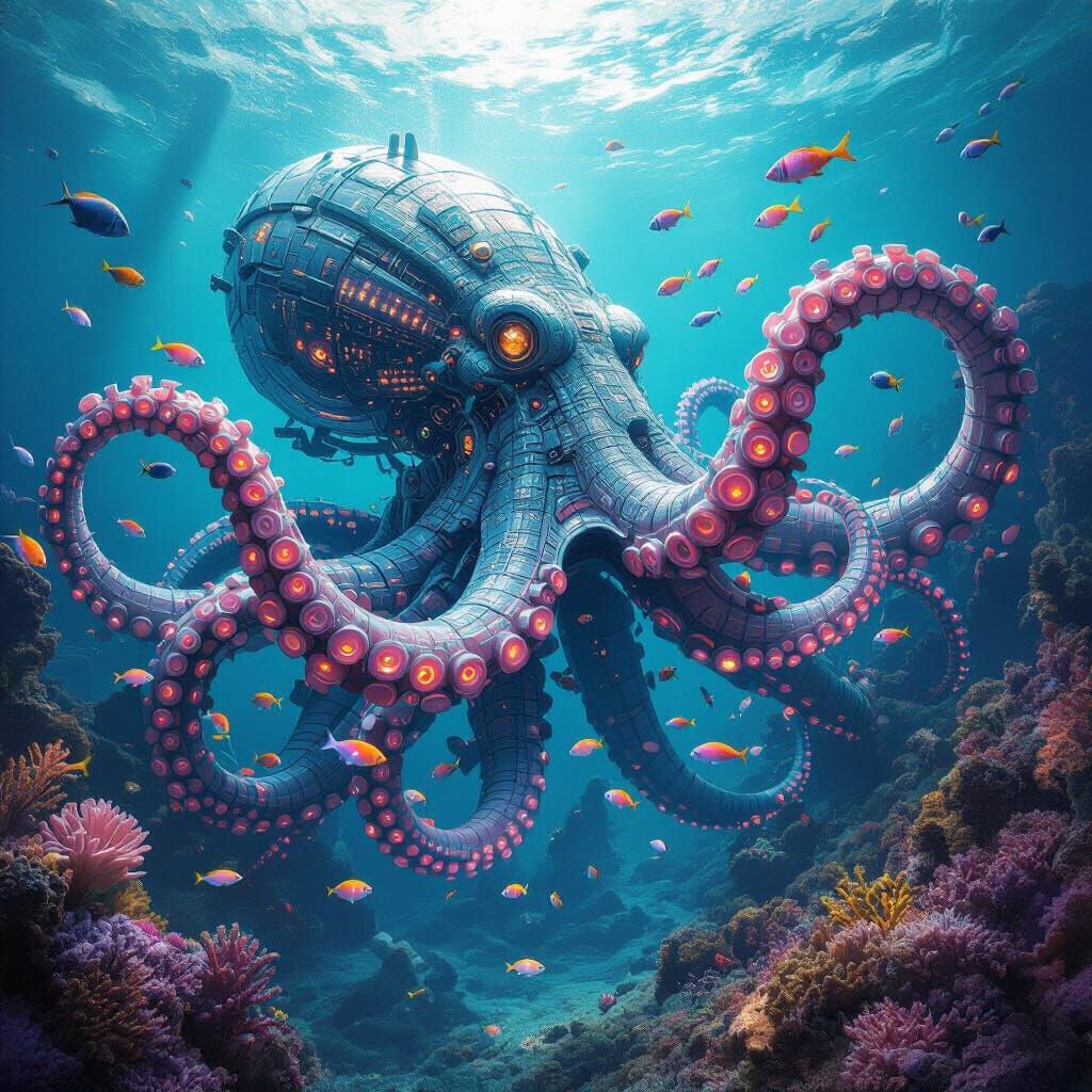 Biomechanical Kraken Rises from Vibrant Coral Reef