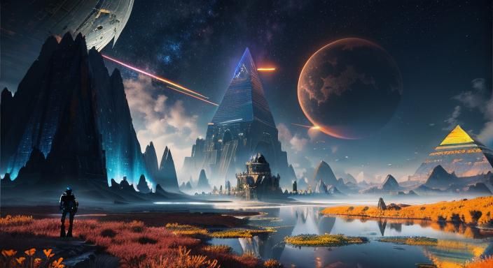 Futuristic Landscape with Alien Figure and Dinosaurs