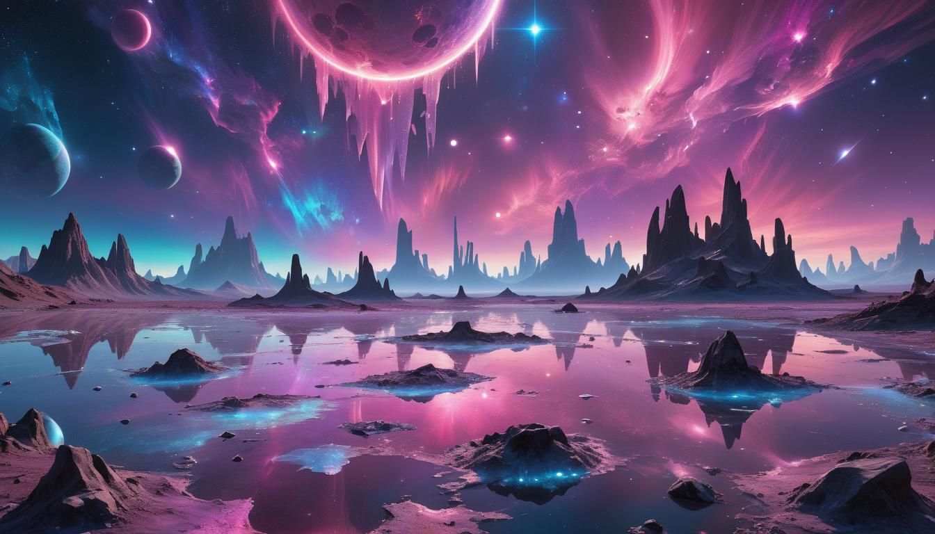 Barren Alien World with Crystalline Landscape and Aurora Sky