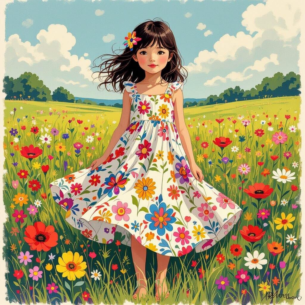 Girl in Meadow Inspired by Whimsical Art Styles