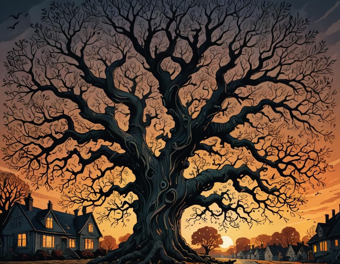 Eerie Oak Tree Illustration in Gothic Style