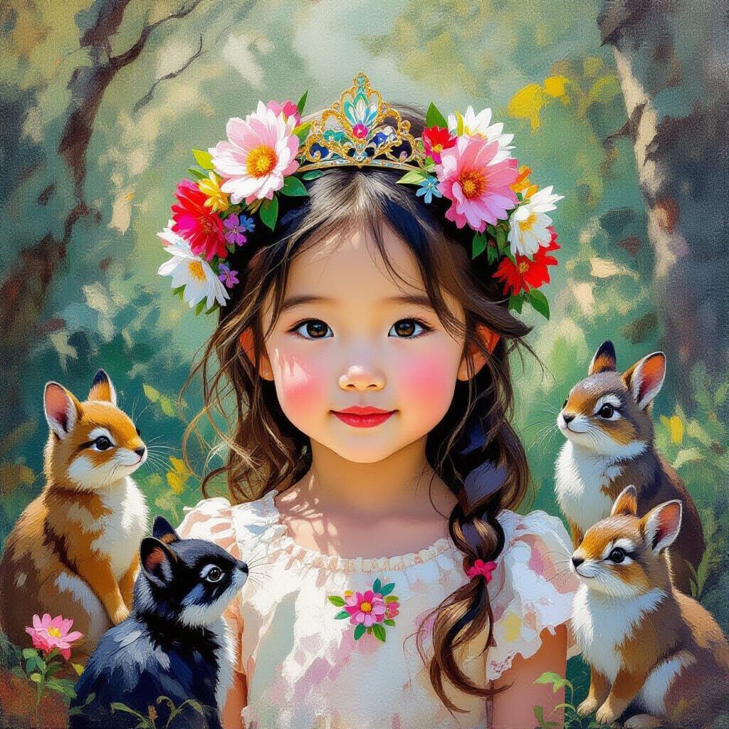 Woodland Princess with Admiring Creatures in Monet Style