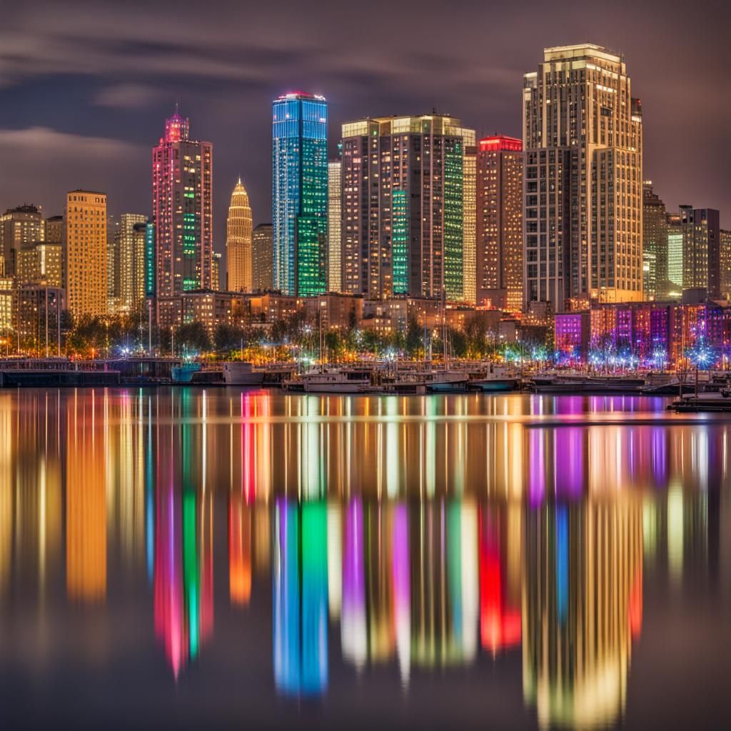 City Lights Reflecting on Calm Water