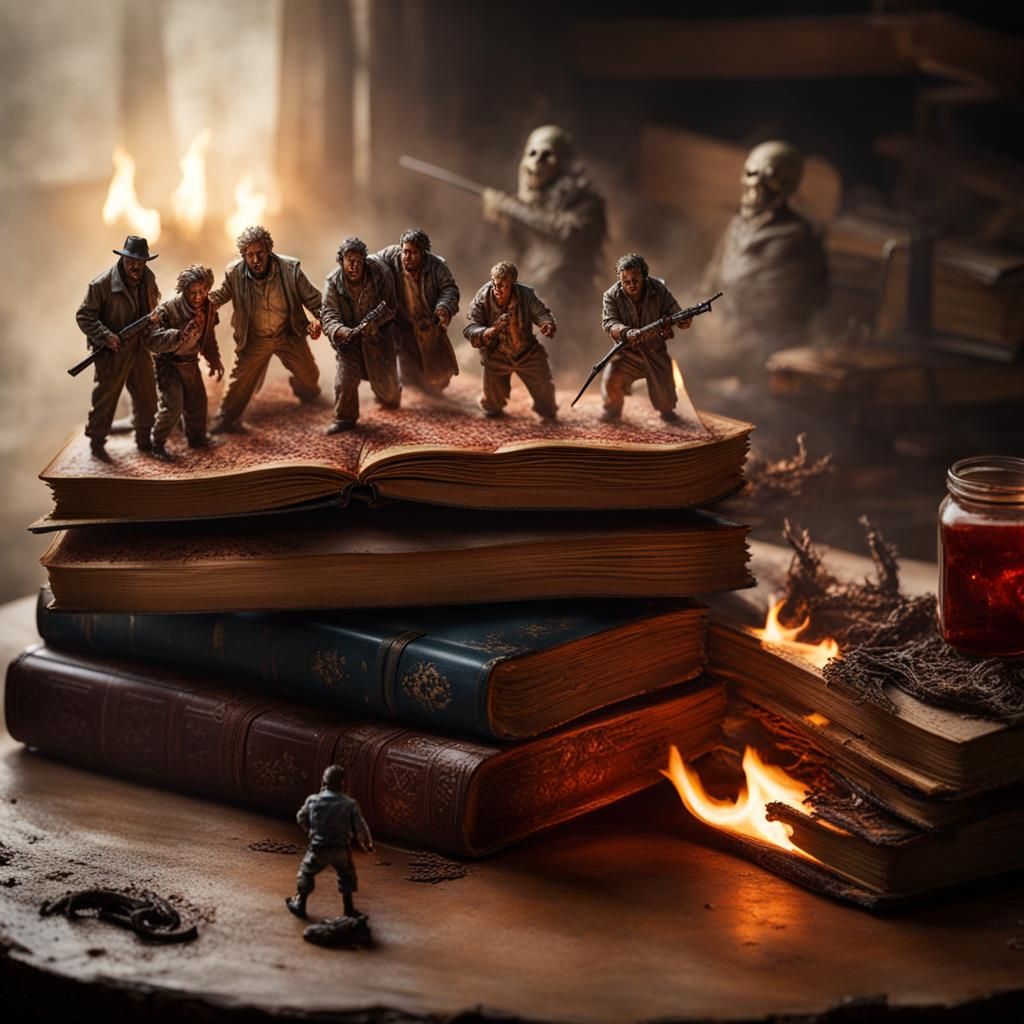 Horror Icons Emerge from Book: Detailed Fantasy Illustration