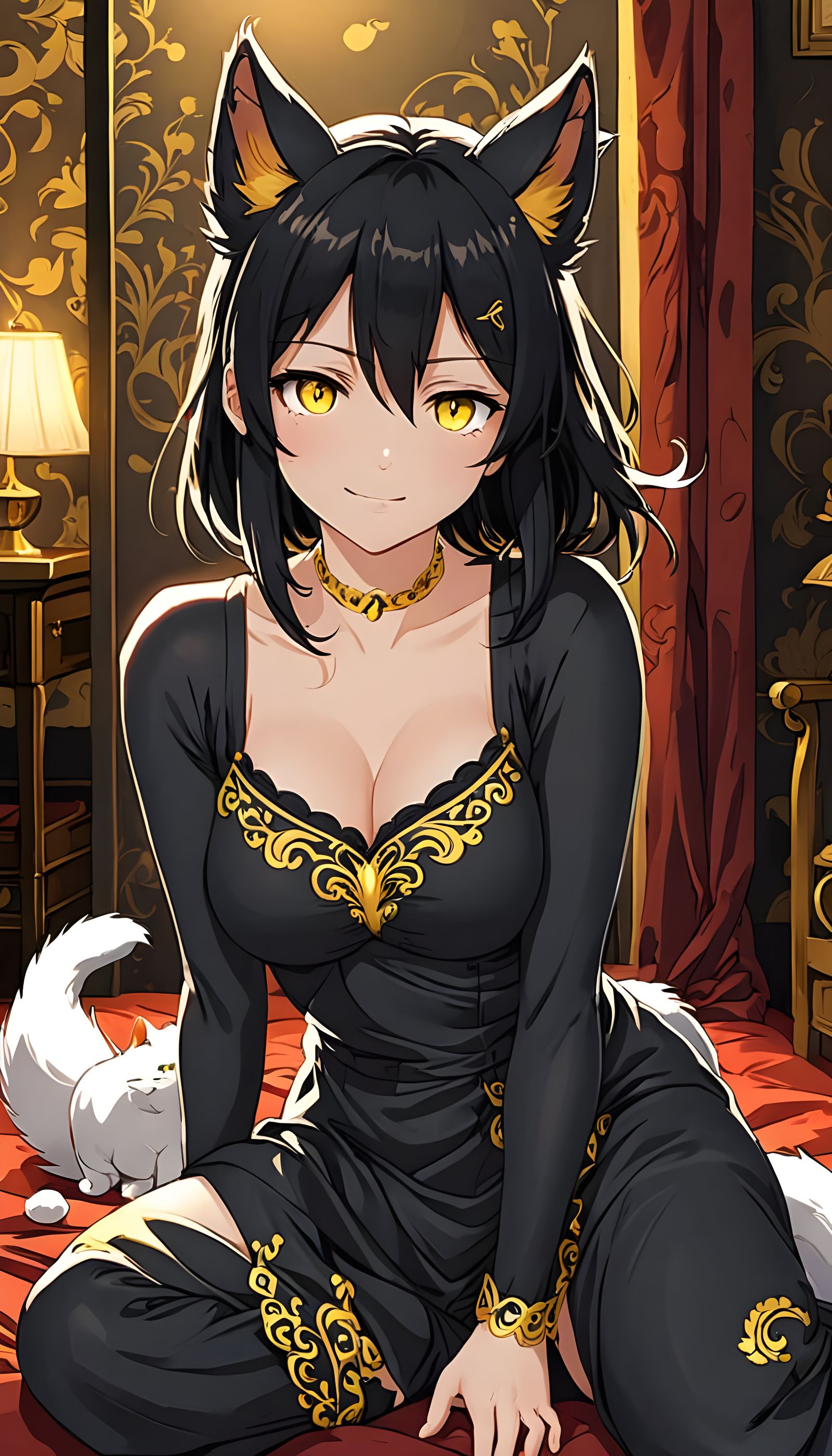 Anime Girl with Cat Features in Gold Embroidered Nightgown