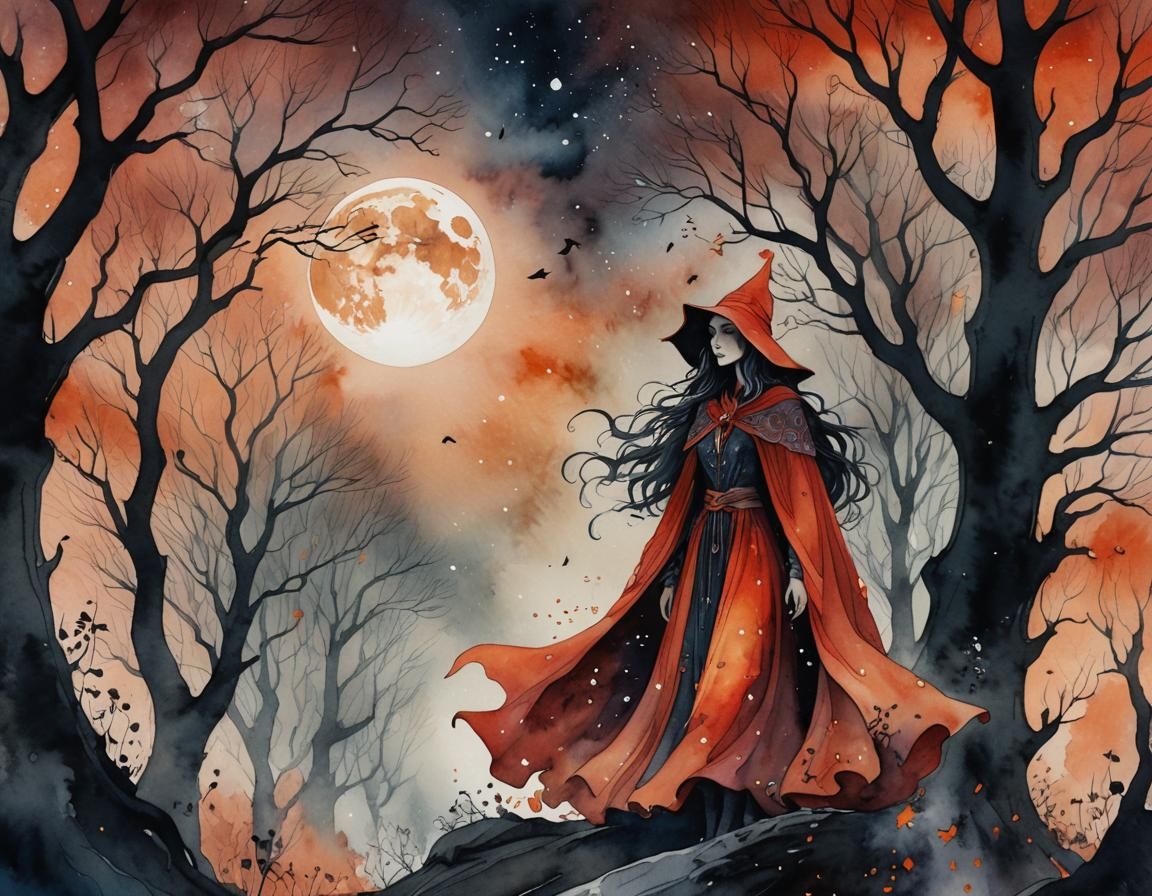 Mystical Witch in Forest, Watercolor and Ink Art