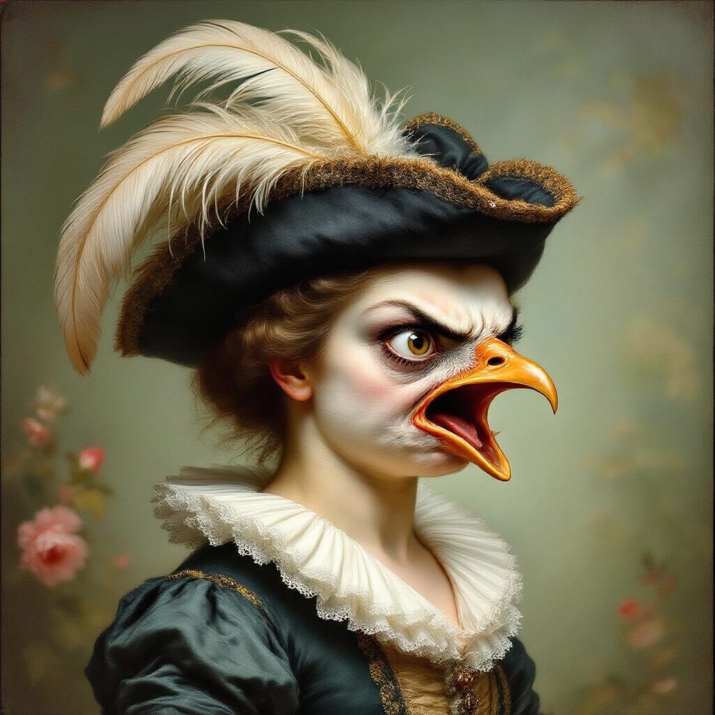 Hen in Rococo Portrait with Angry Expression