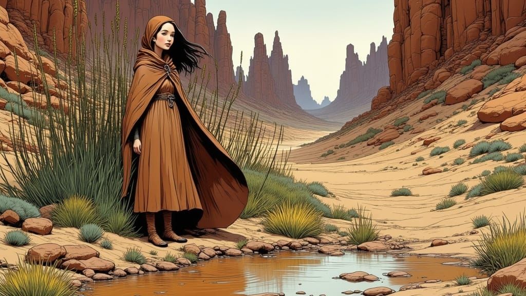 Surreal Desert Scene with Glass Reeds and Alien Flora