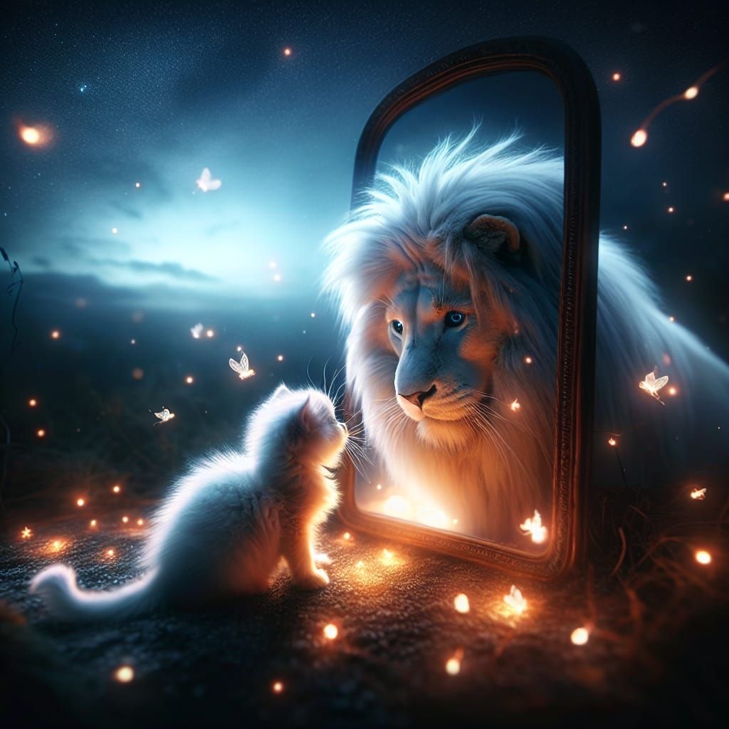 Magical Cat and Lion Reflection Under Night Sky