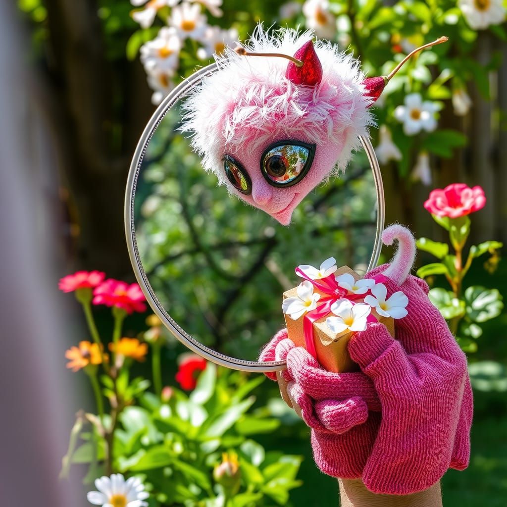 Mirror Being Receives Gift Under Rainbow