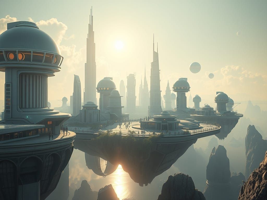 Hyperrealistic Floating Metropolis in Ethereal Light