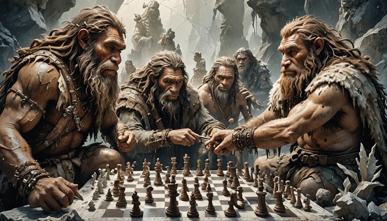 Neanderthal Cavemen Playing Chess in Porcelain Style