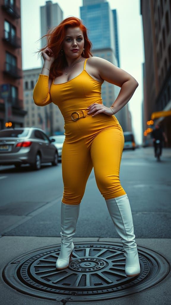 Confident Curvy Redhead in Cinematic Yellow Jumpsuit