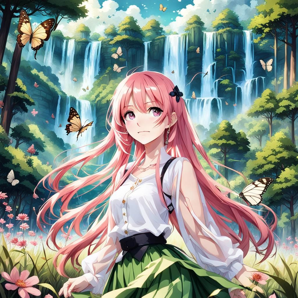 Anime Girl in Flower Forest with Waterfalls
