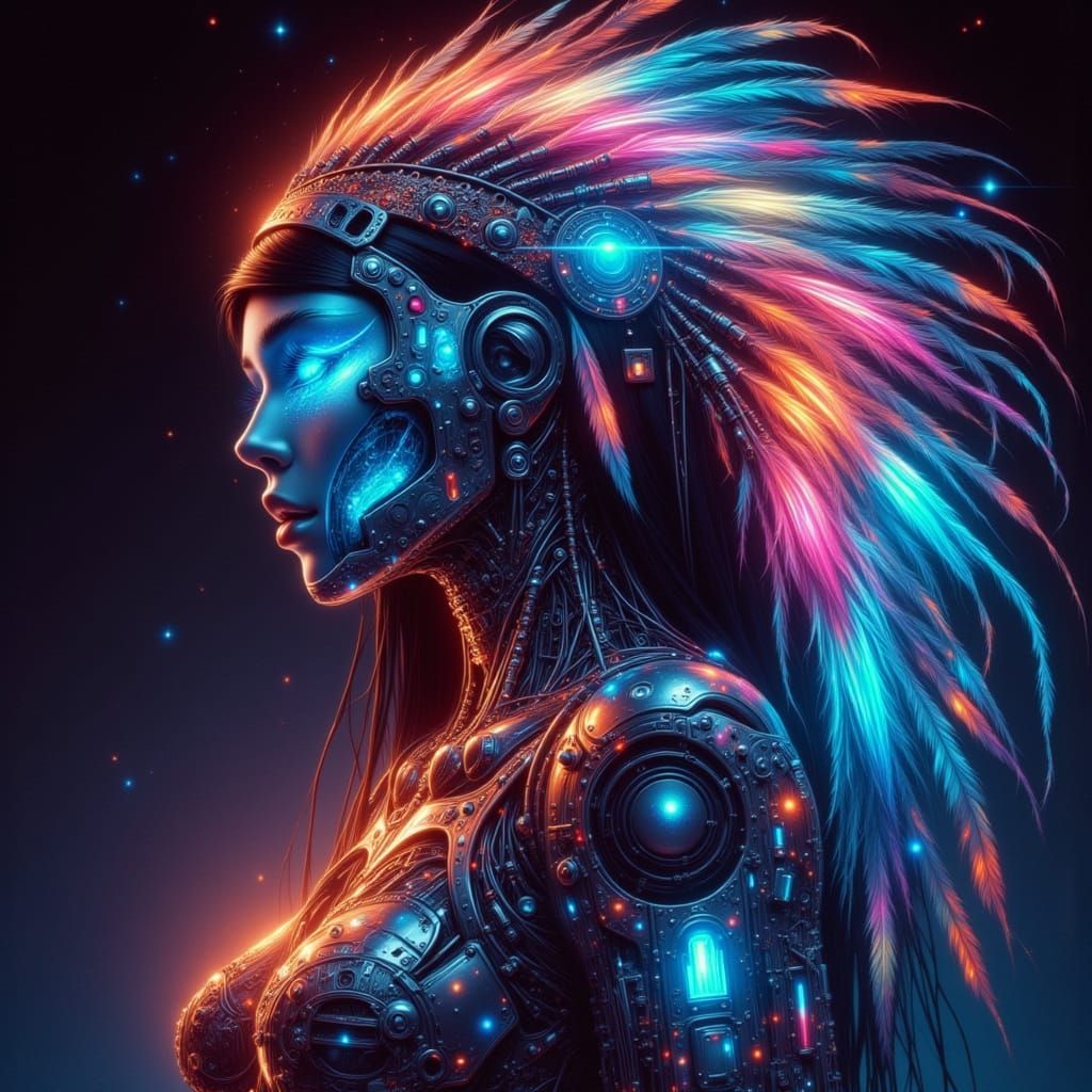 Robot Woman with Native American Headdress in Neon Glow