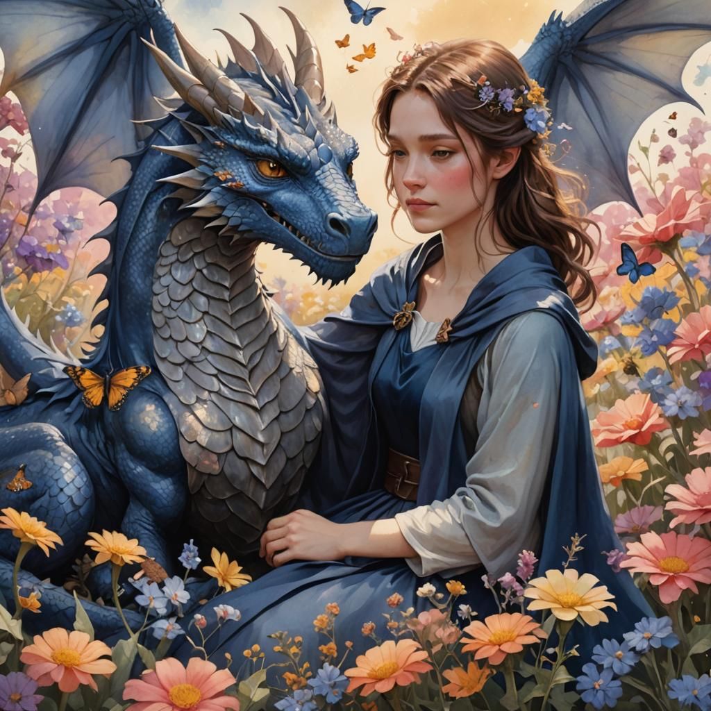 Woman and Dragon in Flower Field, Watercolor Art