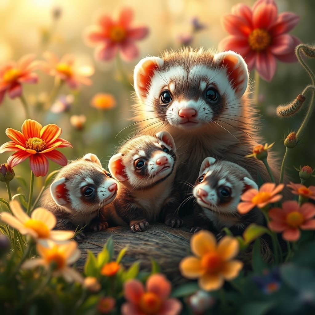 Whimsical Ferret Family in Vibrant Fantasy Landscape