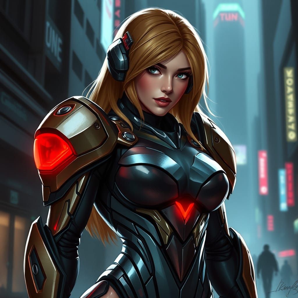 Samus Aran in Cyberpunk Cityscape