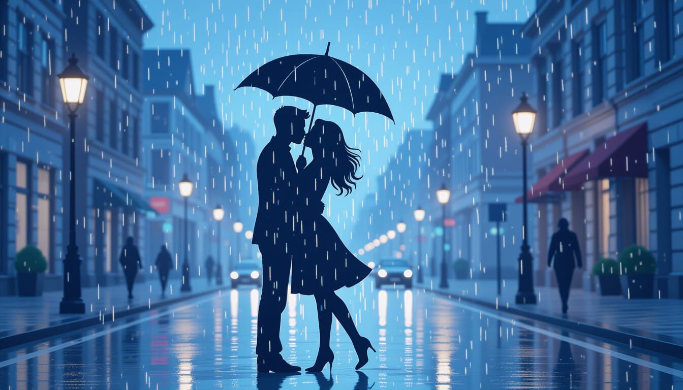 Silhouette Couple Kissing in Rainy Paper Craft Street