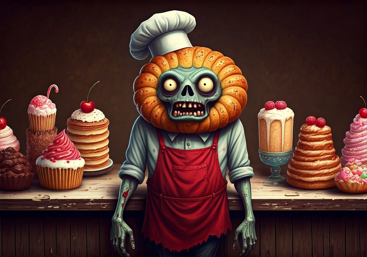 Zombie Pastry Chef in Cyberpunk Art Deco Style