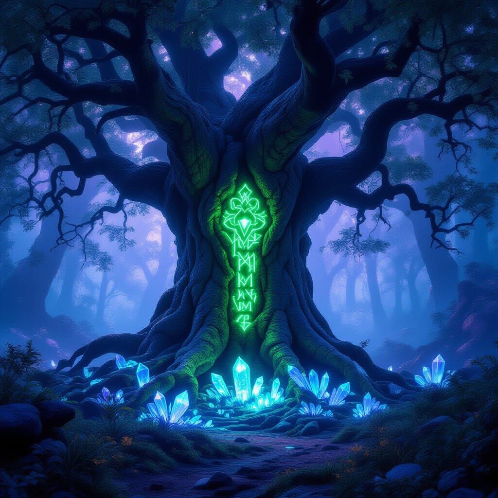 Ancient Alien Tree in Bioluminescent Forest Clearing