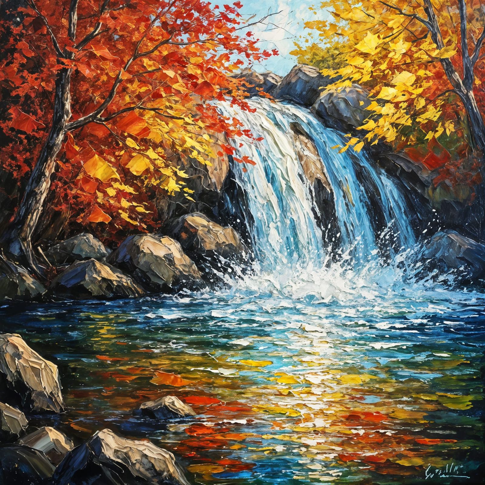 Autumn Waterfall in Vibrant Forest, Oil Painting Style