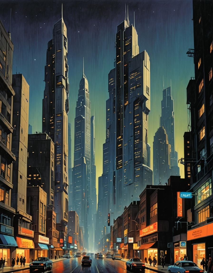 Futuristic Skyscraper at Night in Retro Sci-Fi Style