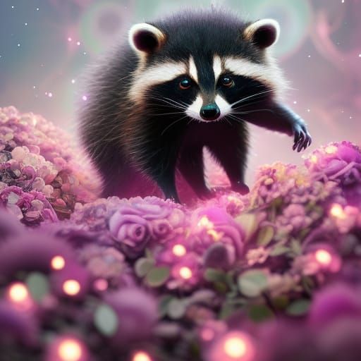 Constellation Raccoon Among Ethereal Roses