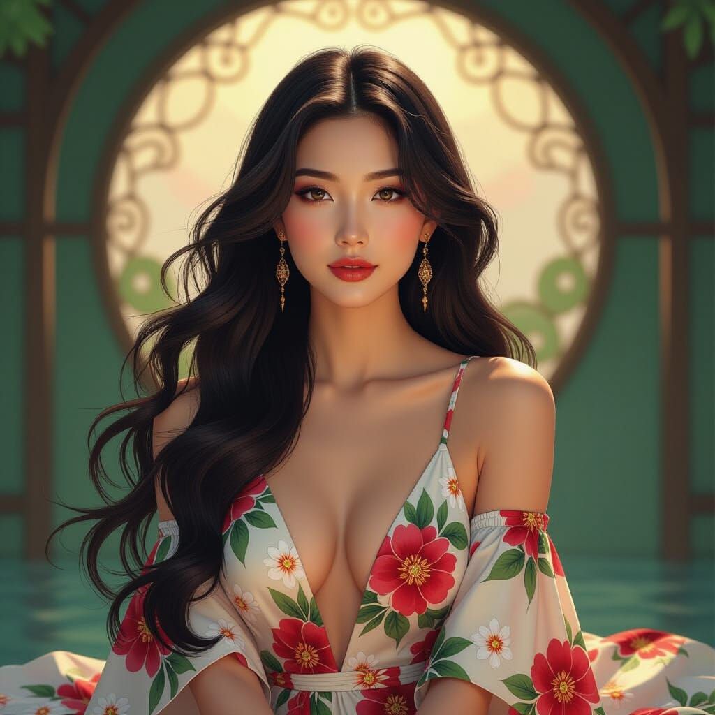 Beautiful Japanese Woman in Dreamlike Art Nouveau Style