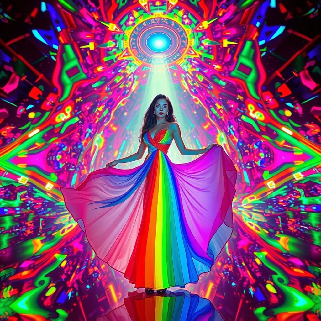 Woman in Rainbow Dress with Refracted Light